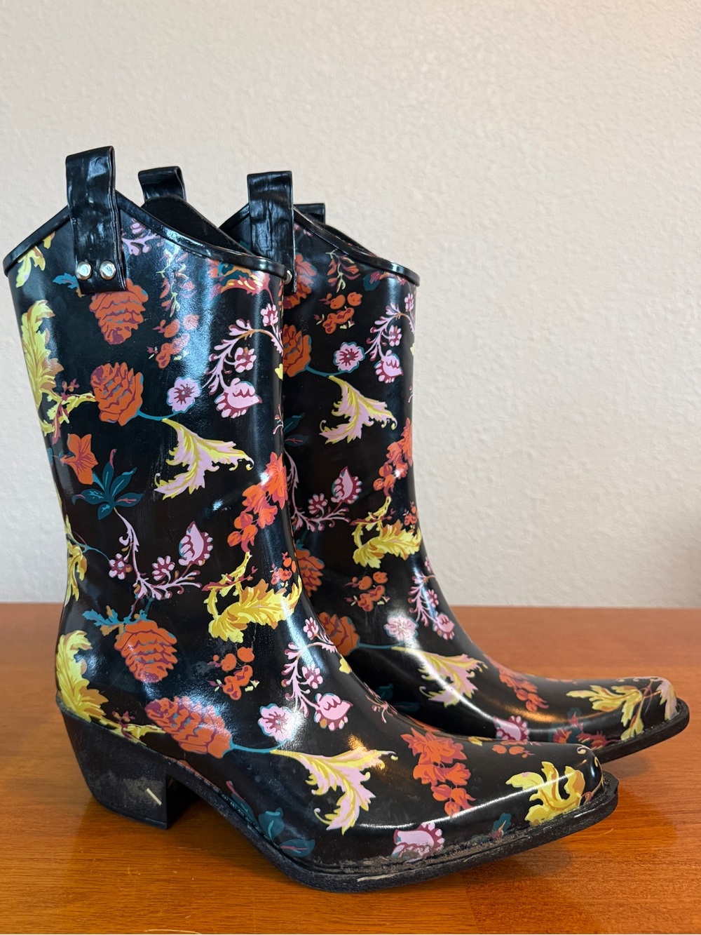 Nomad Black Floral Western Heeled Rain Boots size 8